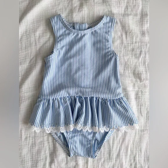 NWOT Sprout Baby Swimsuit - Blue & White Stripe, Ruffle Skirt - Size 1 - Picture 1 of 4